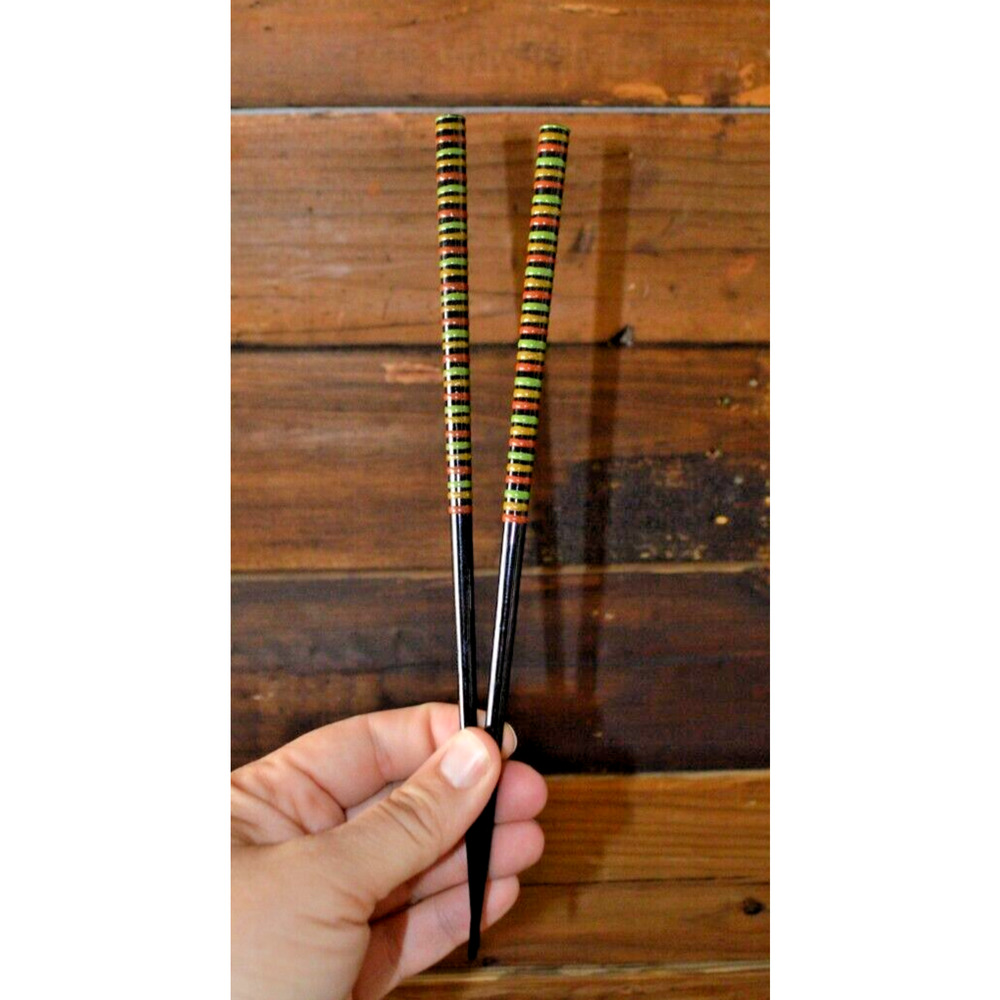 VINTAGE Hair Stick Hair Pin Accessory 9" Long Multi-Color Strip Wooden Pair